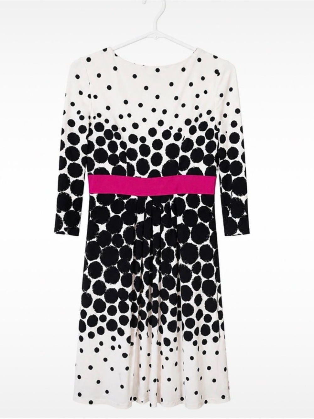 Eliza J Black and White Polka Dot Long-Sleeve Dress with Pink Waistband